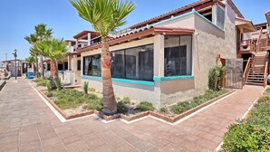 Un edificio moderno con un amplio ventanal, una palmera y un sendero de ladrillos.