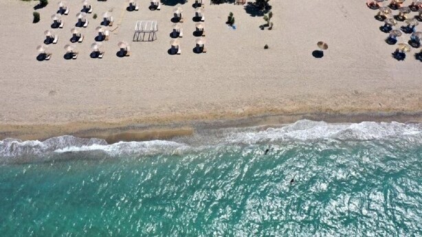 Luftaufnahme eines Strandes mit Reihen von Liegestühlen und Sonnenschirmen, freie Sicht auf den Ozean und Bäume im Hintergrund.