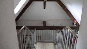 A high-ceilinged attic room with a sloped roof, wooden beams, and a skylight.