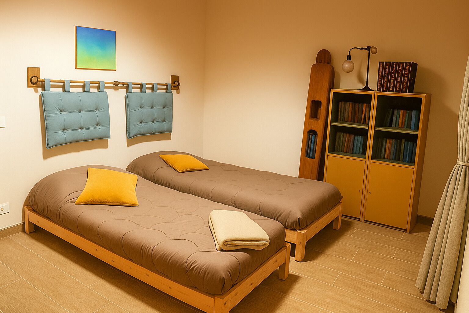 A room with two single beds, a wooden cabinet with books, a wooden sculpture, and a wall-mounted light fixture.