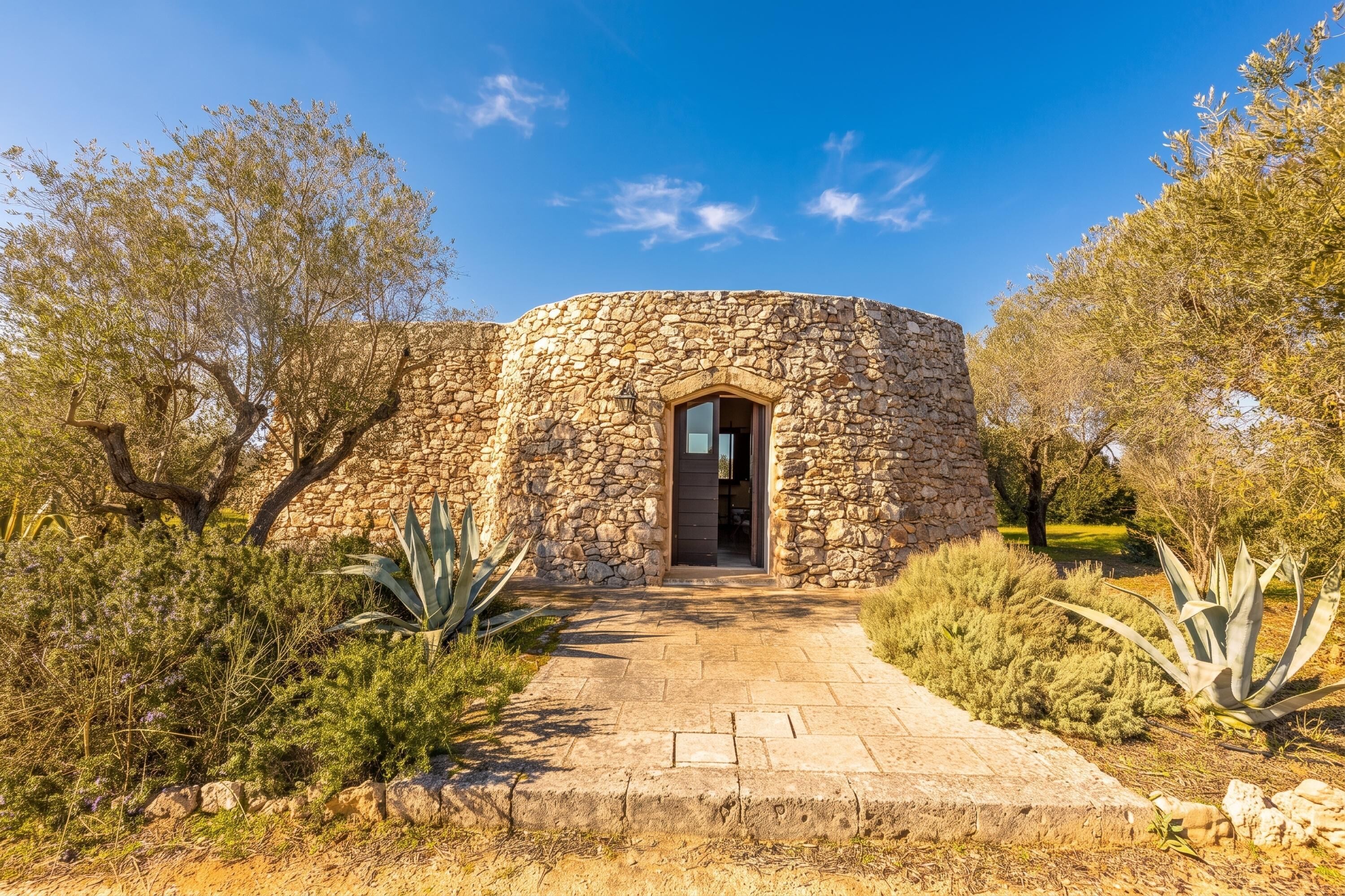 Un bâtiment en pierre avec une porte d’entrée centrale, entouré d’un chemin et de diverses plantes.