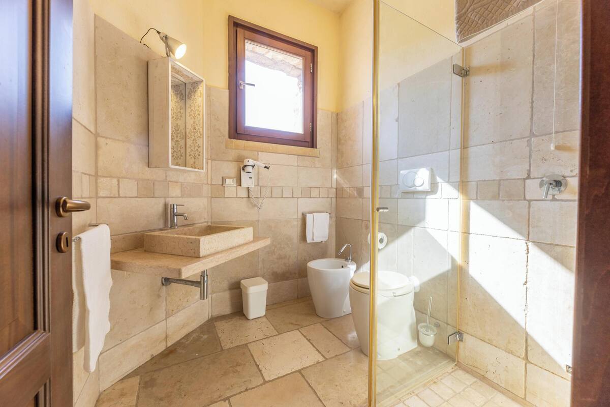 Shower, hair dryer, bidet, towels