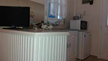 Full-sized fridge, oven, stovetop, rice cooker