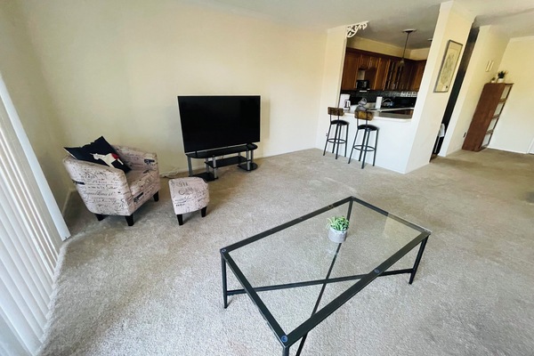 The living room comes furnished with essential pieces, including a comfortable sofa, a coffee table, and a TV stand, providing immediate comfort upon move-in.