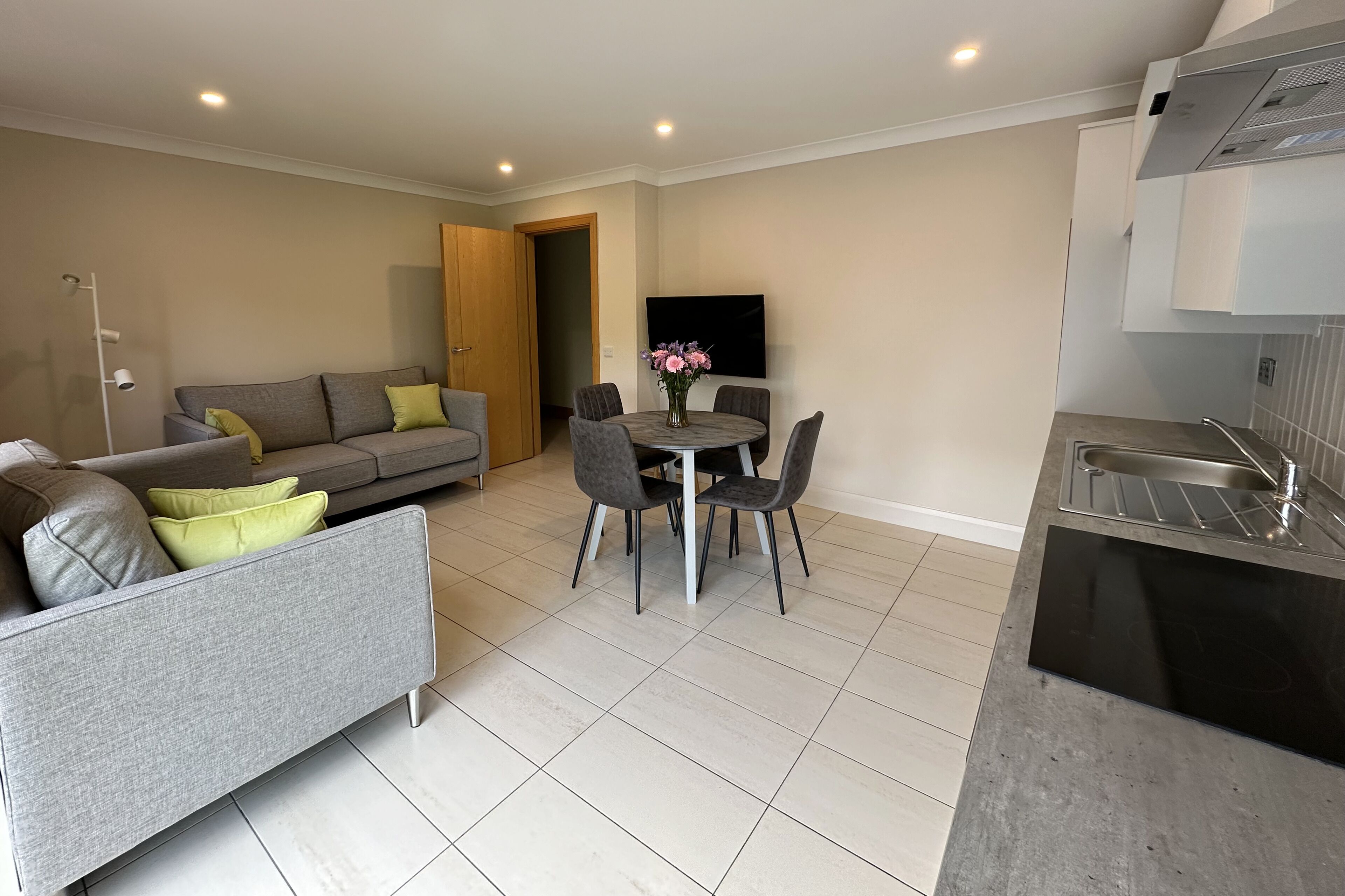 A modern living room with a grey sofa, a dining table with chairs, a flat-screen TV, and a kitchen area with a sink and stove.