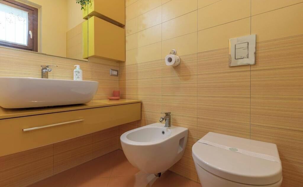 Ein Badezimmer mit einer Bidet-Funktion, Toilette und einem großen Waschbecken.