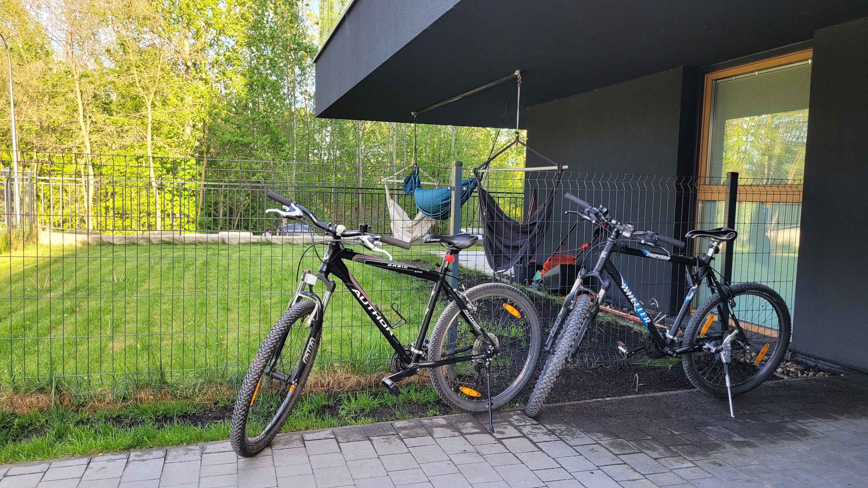 Two bicycles parked outside a building with a metal fence and greenery in the background.
