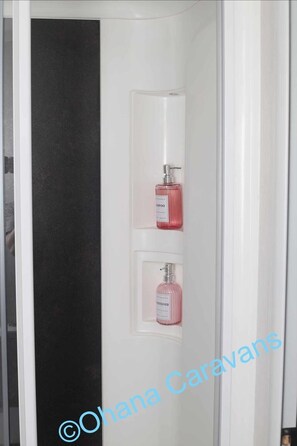 A bathroom with two shelves, each holding a bottle of shampoo and conditioner. - Silver 3 Bedroom Caravan Located at Seton Sands H (Prestonpans)