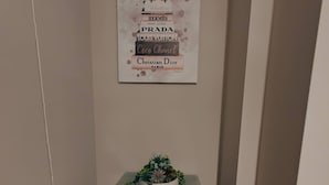 Ein Flur mit einem Poster an der Wand und einem kleinen Tisch mit Pflanze und Pflegeprodukten.