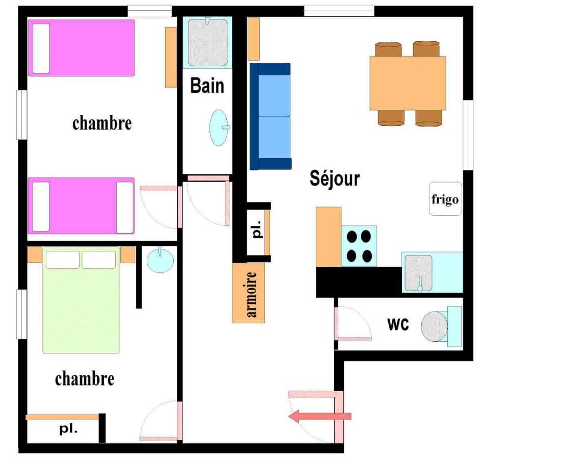 A floor plan with two bedrooms, a bathroom, a living room, a kitchen, and a WC.
