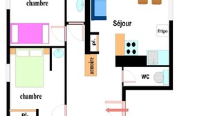 A floor plan with two bedrooms, a bathroom, a living room, a kitchen, and a WC. - Ground floor, tv, ski locker, 55m², Val Cenis (Lanslebourg-Mont-Cenis)