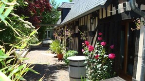 A traditional half-timbered building with a brick pathway, potted plants, and a wooden bench. - La Cour Saint Richer (Basseneville)