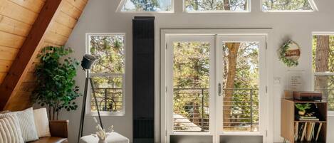 TV connectée, cheminée, livres, chaîne hi-fi