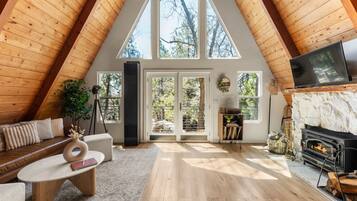 Smart-TV, Kamin, Bücher, Stereoanlage