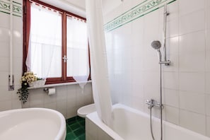 Hair dryer, bidet, towels, soap
