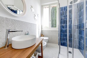 Shower, hair dryer, towels