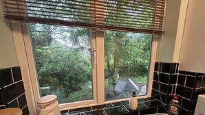 A bathroom with a window, a toilet, a sink, and a bottle of Fairy dish soap. - Cosy and Secluded Brook-side Lodge (Sleaford)