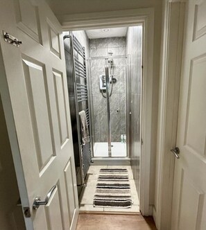 Enter a serene space with a shower area featuring a glass door, a showerhead mounted on the wall, and a towel rack.