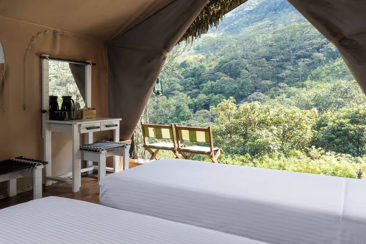 Ein Schlafzimmer mit Bett, Schreibtisch, Bank und Stuhl, mit Blick auf einen Wald.