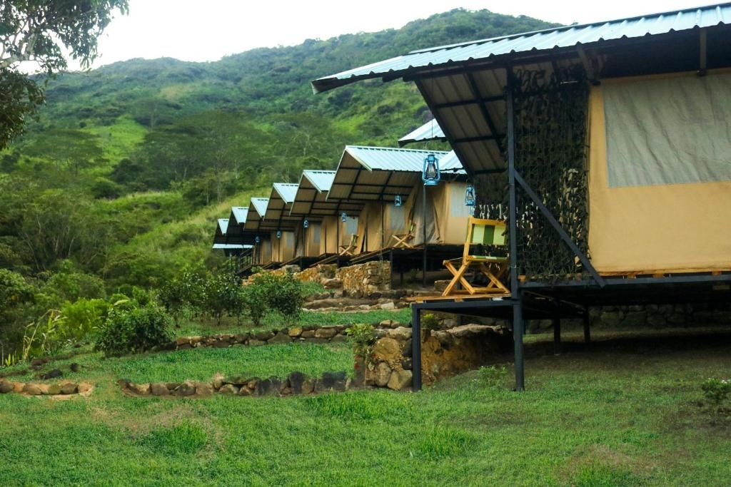 Una hilera de cabañas rústicas de un solo piso con techos de metal y paredes color beige, ubicadas en un paisaje verde y exuberante con colinas al fondo.