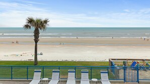 Blick auf einen Strand mit Liegestühlen, einer Palme und wolkenlosem Himmel.