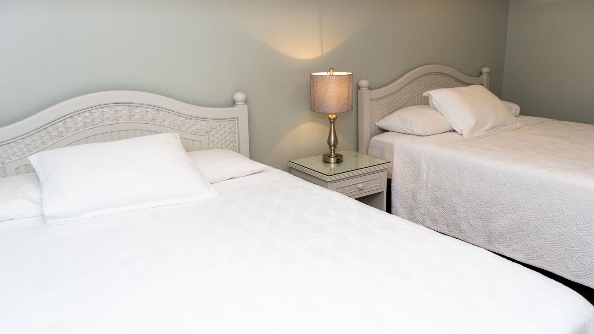 Habitación doble con dos camas, cada una con ropa de cama blanca y cabeceros. Hay una mesita de noche con lámpara entre las camas.