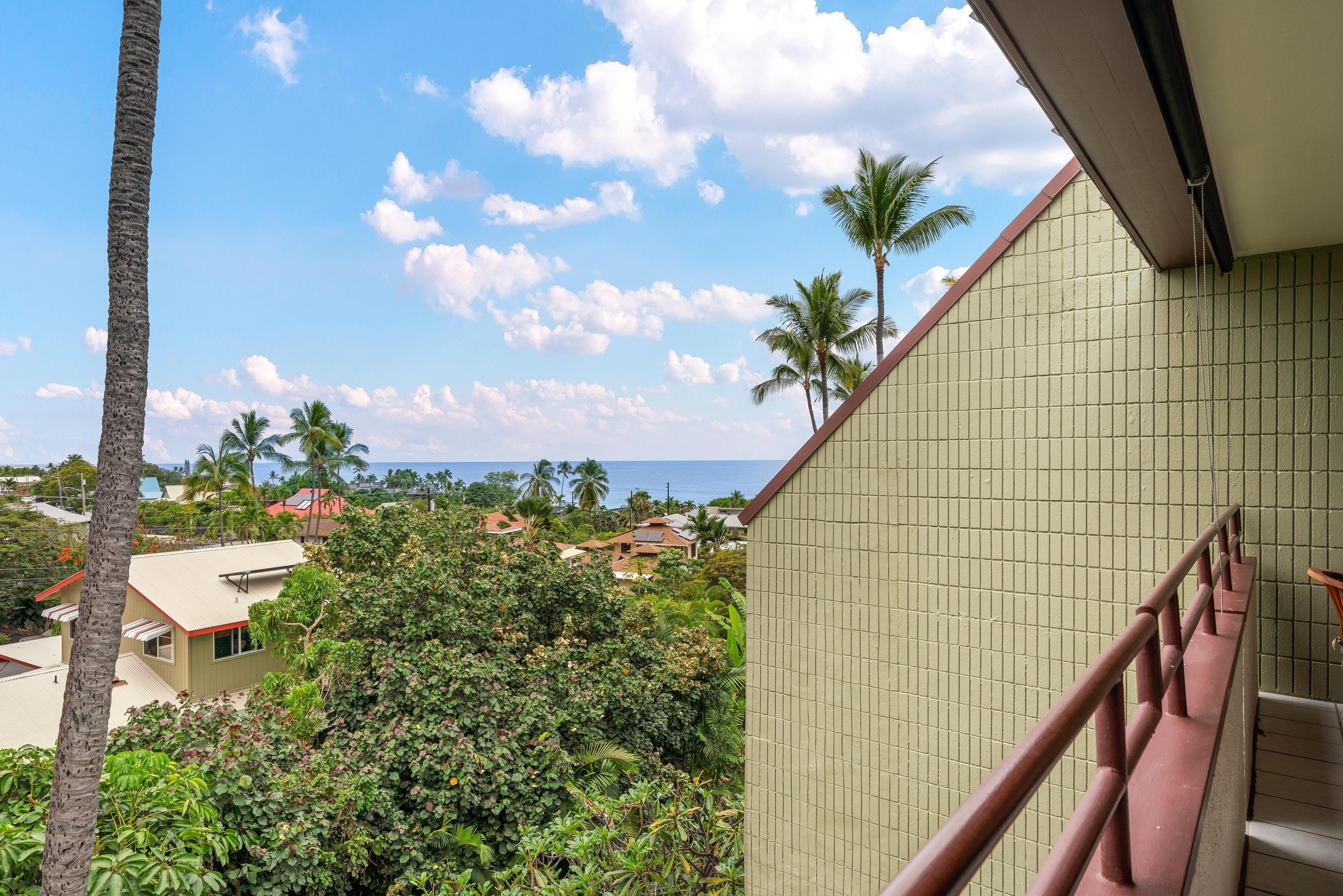 A view from a balcony overlooking a residential area with palm trees and houses, a clear sky, and a distant view of the ocean.