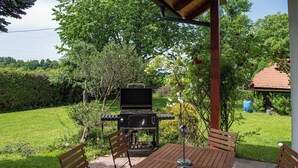 A patio with a grill, wooden table, and chairs, surrounded by greenery and a garden. - Ganzes Haus für den Gruppen- und Familienurlaub (Klagenfurt am Wörthersee)