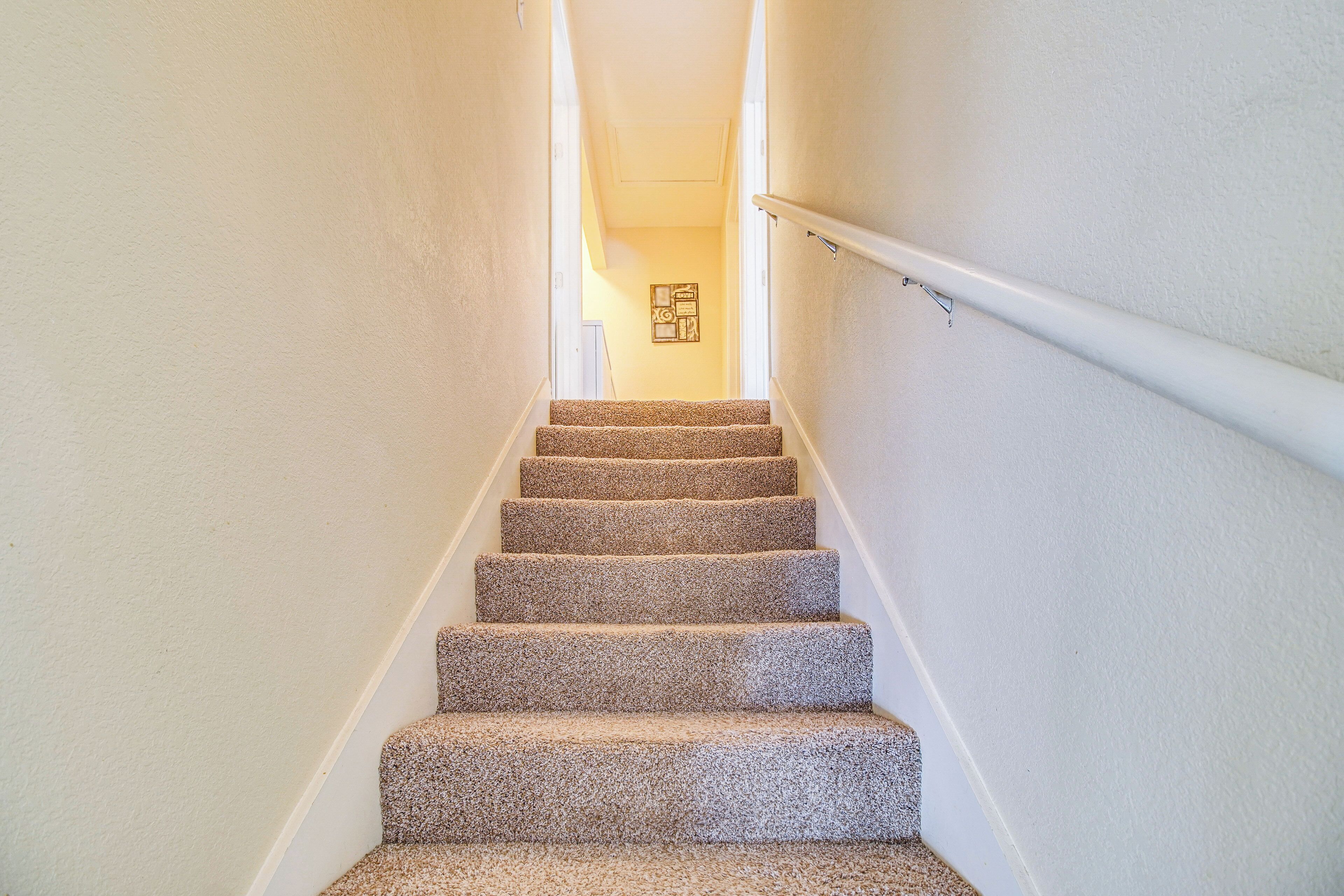 A carpeted staircase with a handrail, leading to a door at the top.