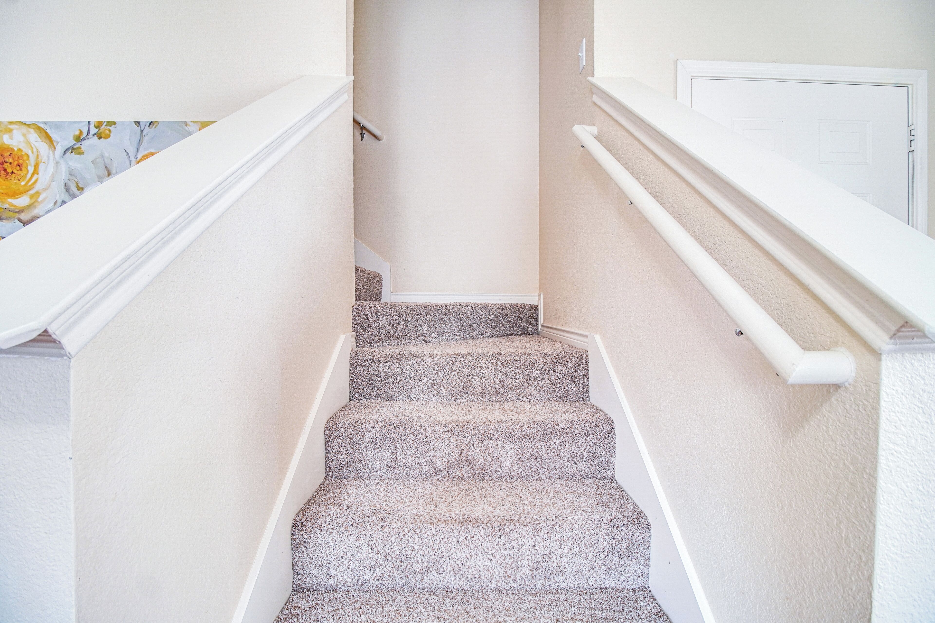 A carpeted staircase with white walls and a door at the top.