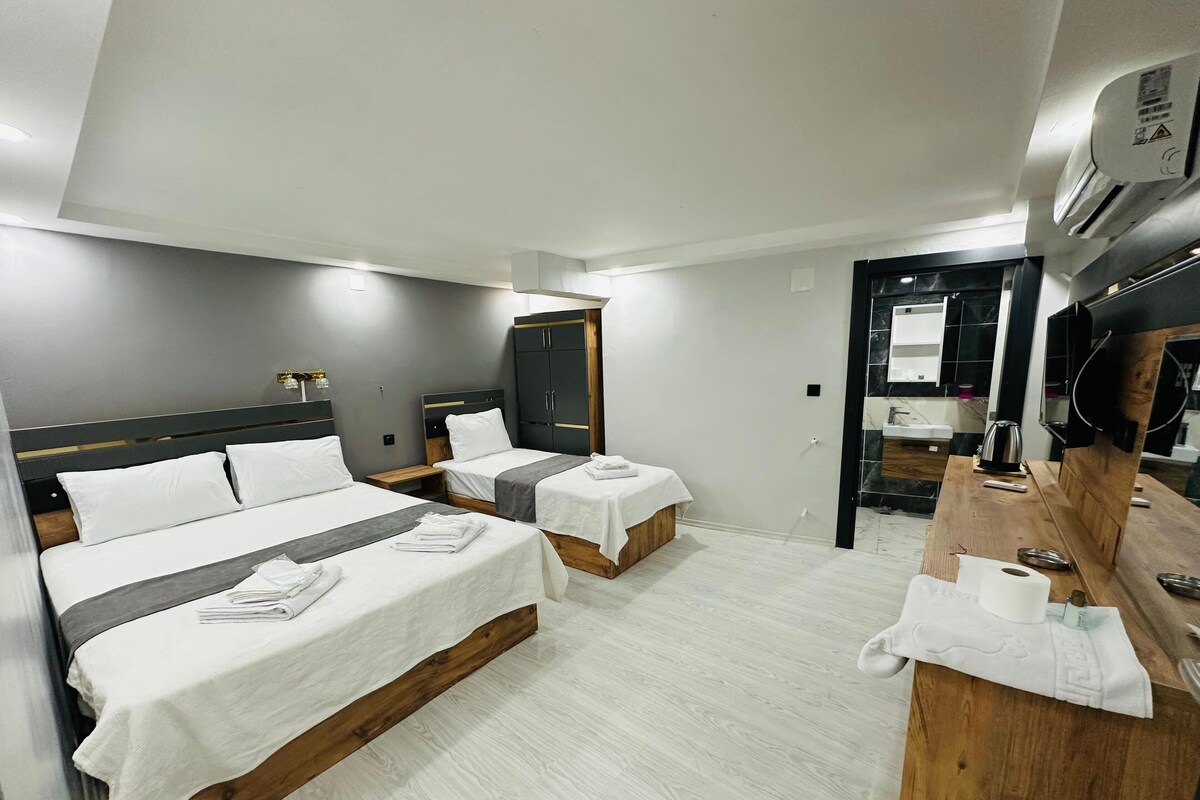 Habitación de hotel con dos camas, un escritorio de madera, un espejo y un televisor.