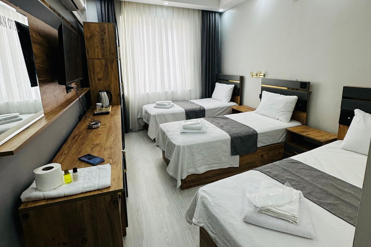 Habitación de hotel con tres camas, un escritorio y teléfono, y una televisión.