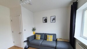 Un salon avec un canapé gris, deux coussins jaunes, une petite plante et deux tableaux encadrés accrochés au mur.