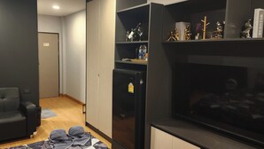 A compact living space with a sofa, a television, a refrigerator, and a shelf with various items.