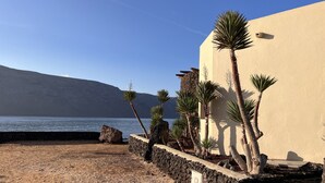 A coastal view with a sandy beach, a stone wall, and palm trees.