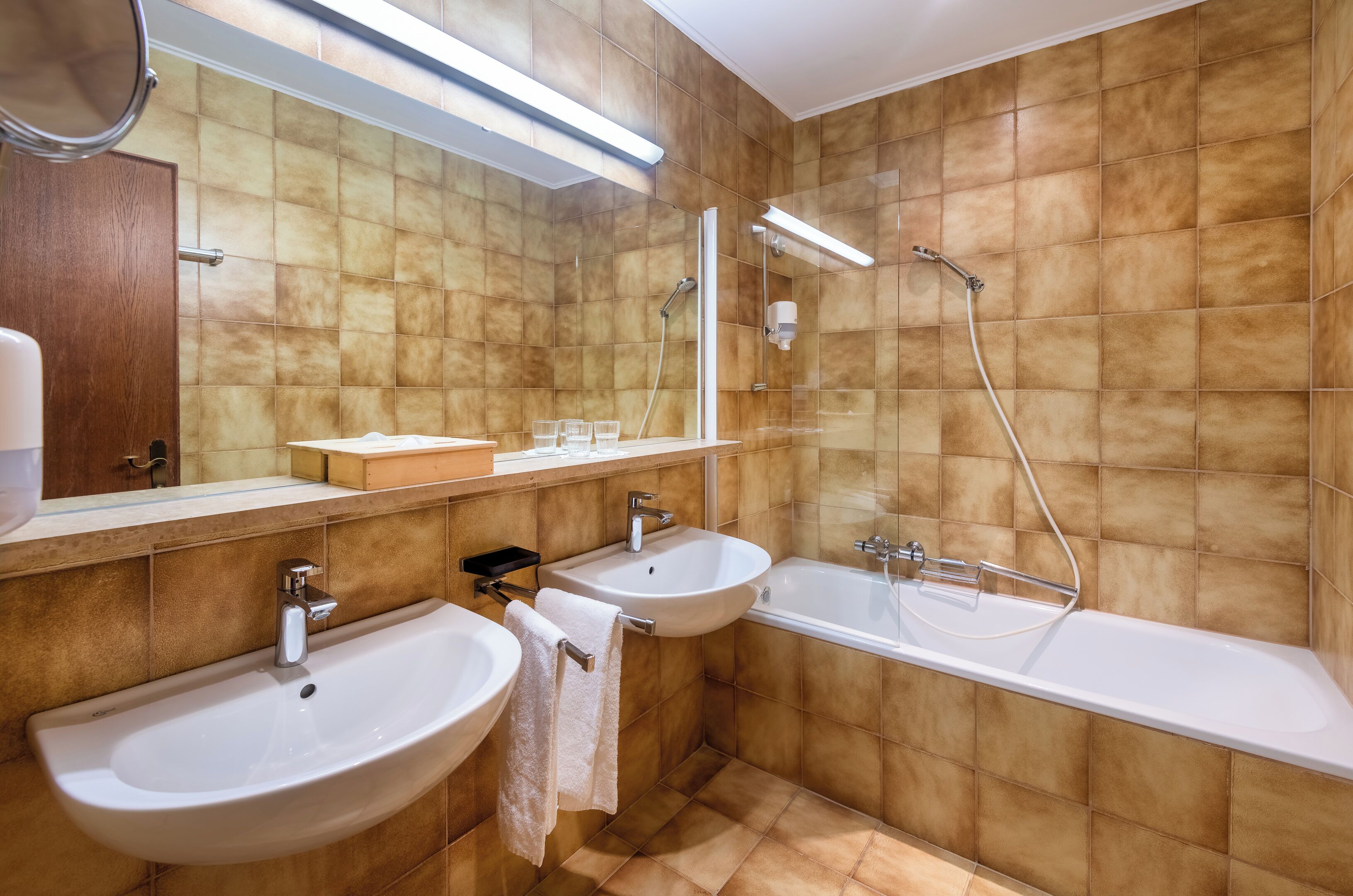 A bathroom with two sinks, a mirror, a shower, and a toilet.