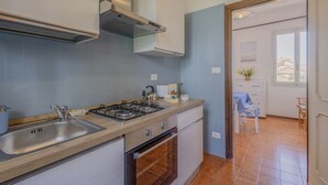 Een compacte keuken met een gasfornuis, twee spoelbakken en een kleine oven. Er is een raam dat natuurlijk licht en uitzicht biedt.