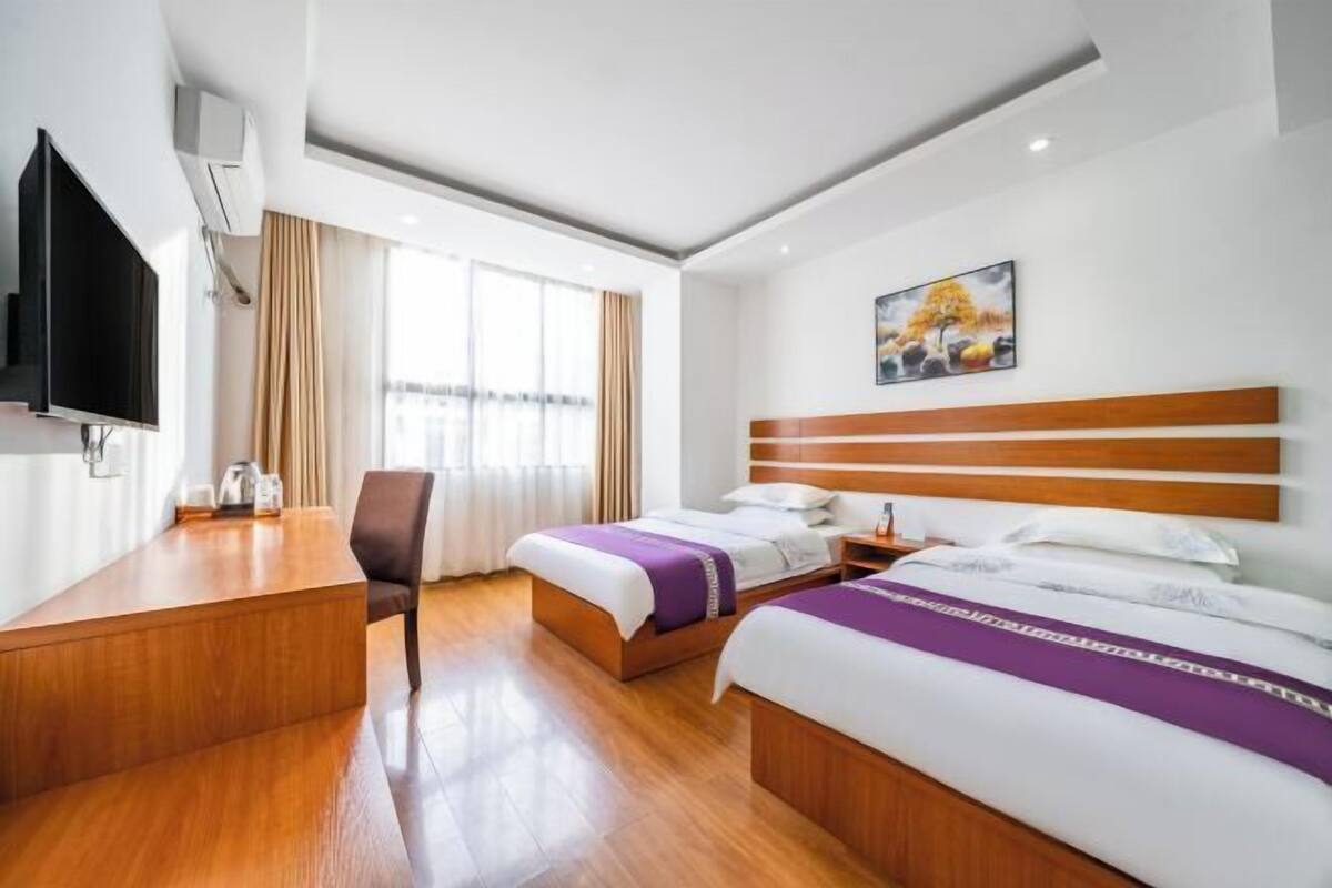Habitación de hotel con dos camas, un escritorio, una silla, un televisor y un cuadro en la pared.