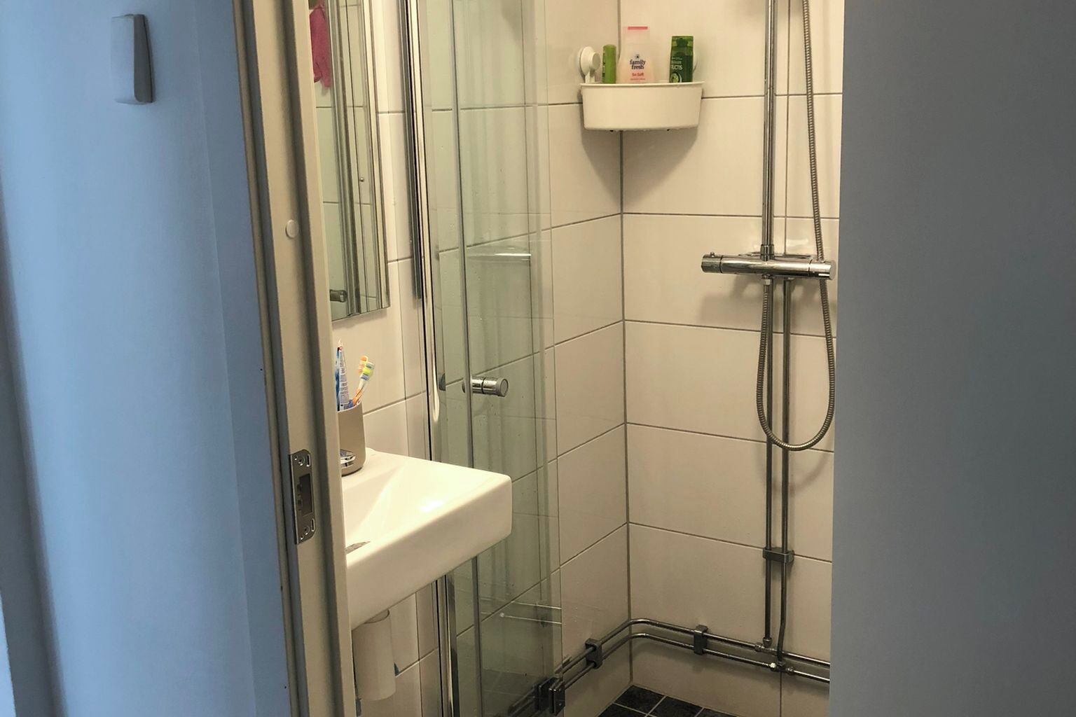 A bathroom with a glass-enclosed shower, a sink, and a shelf with toiletries.