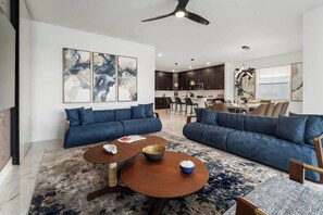 Smart TV, video games, foosball, stereo