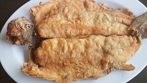 Two plates of food, one with rice and vegetables, and the other with fried fish. - Balneario manantial  (San Pablo de Borbur)