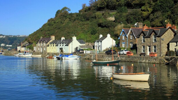 A coastal village with houses along the water, boats docked, and a hill in the background. - Llainfawr Cottage Apartment, Fishguard (Letterston)