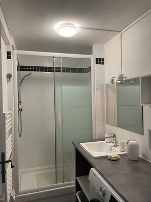 Shower, hair dryer, toilet paper