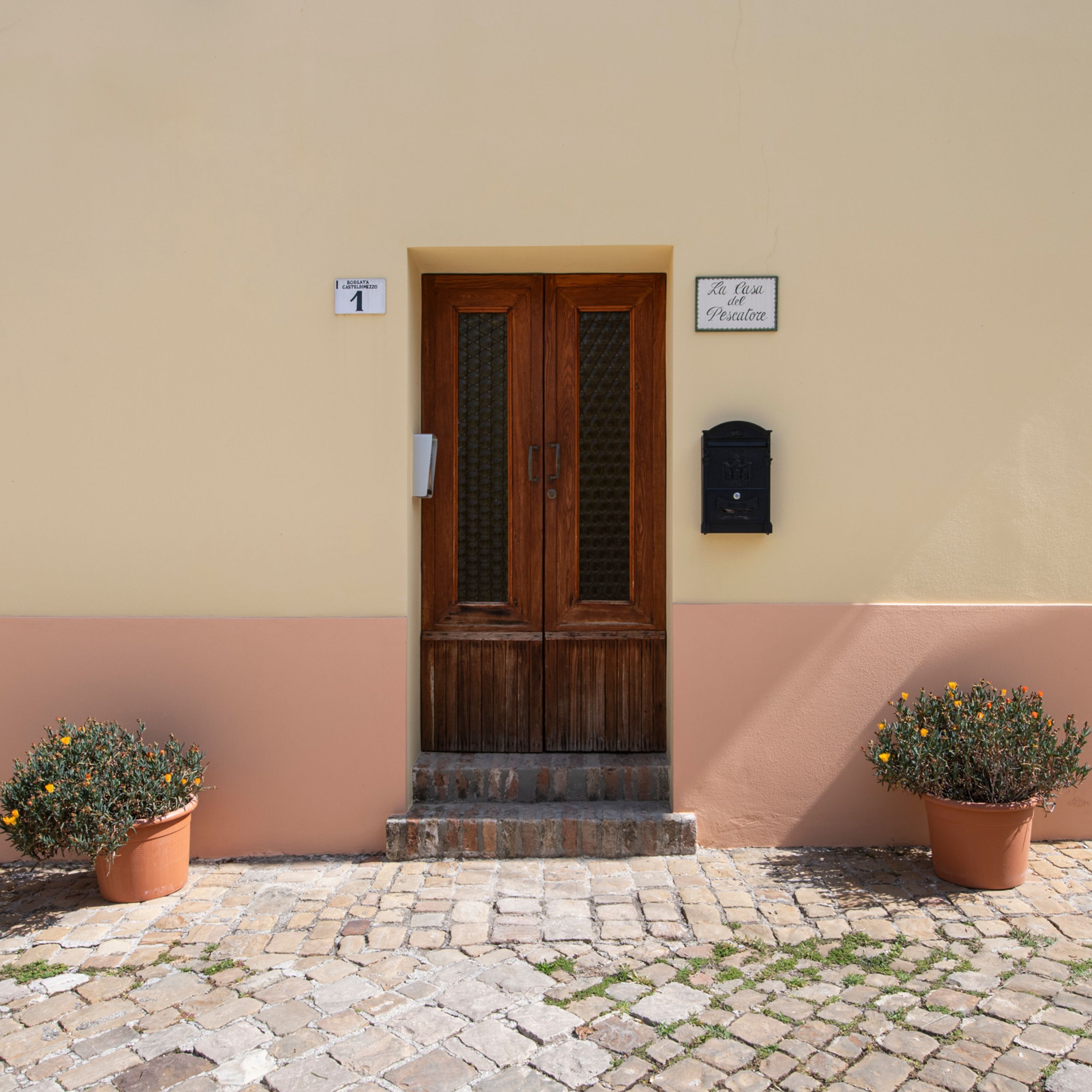A building entrance with a wooden door, two potted plants, and two signs on the wall.