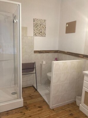 A bathroom with a glass shower enclosure, a toilet, and a sink area. - L'intemporelle (Ozourt)