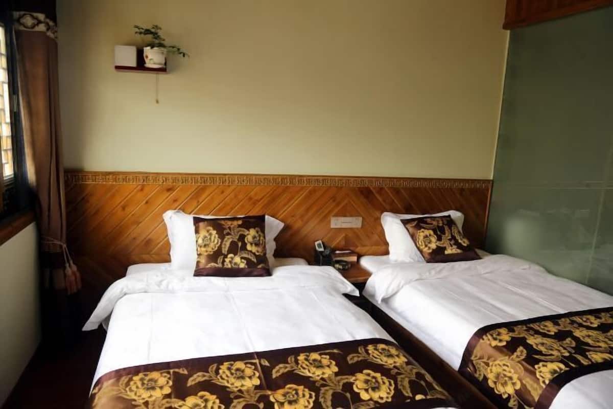 A hotel room with two beds, a wooden headboard, a small shelf with a plant, and a window with curtains.