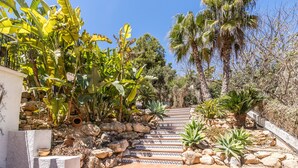 A terraced garden with a stone pathway leading up to a white building.