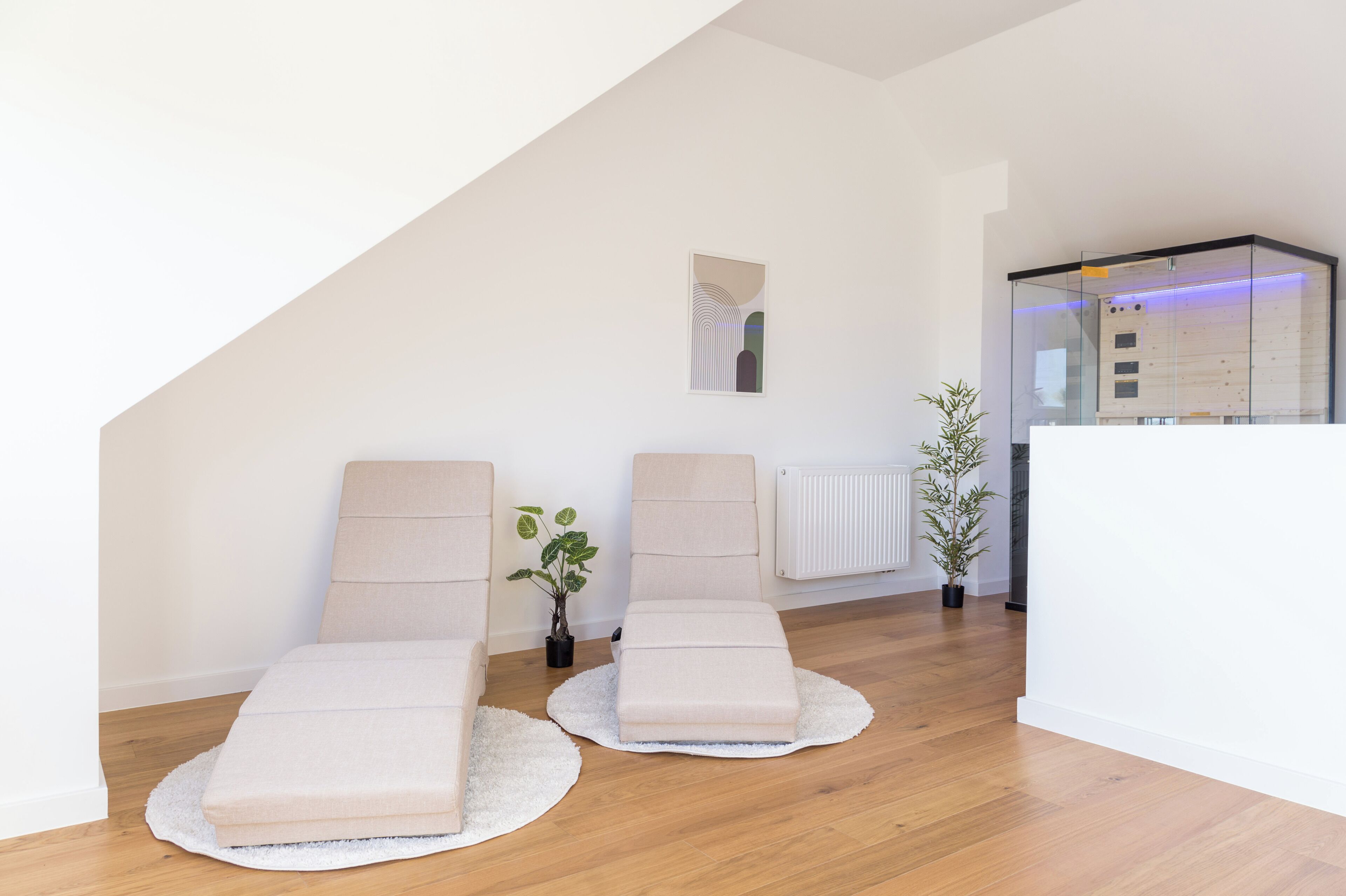 A modern living room with two beige sofas, a small potted plant, and a white radiator.