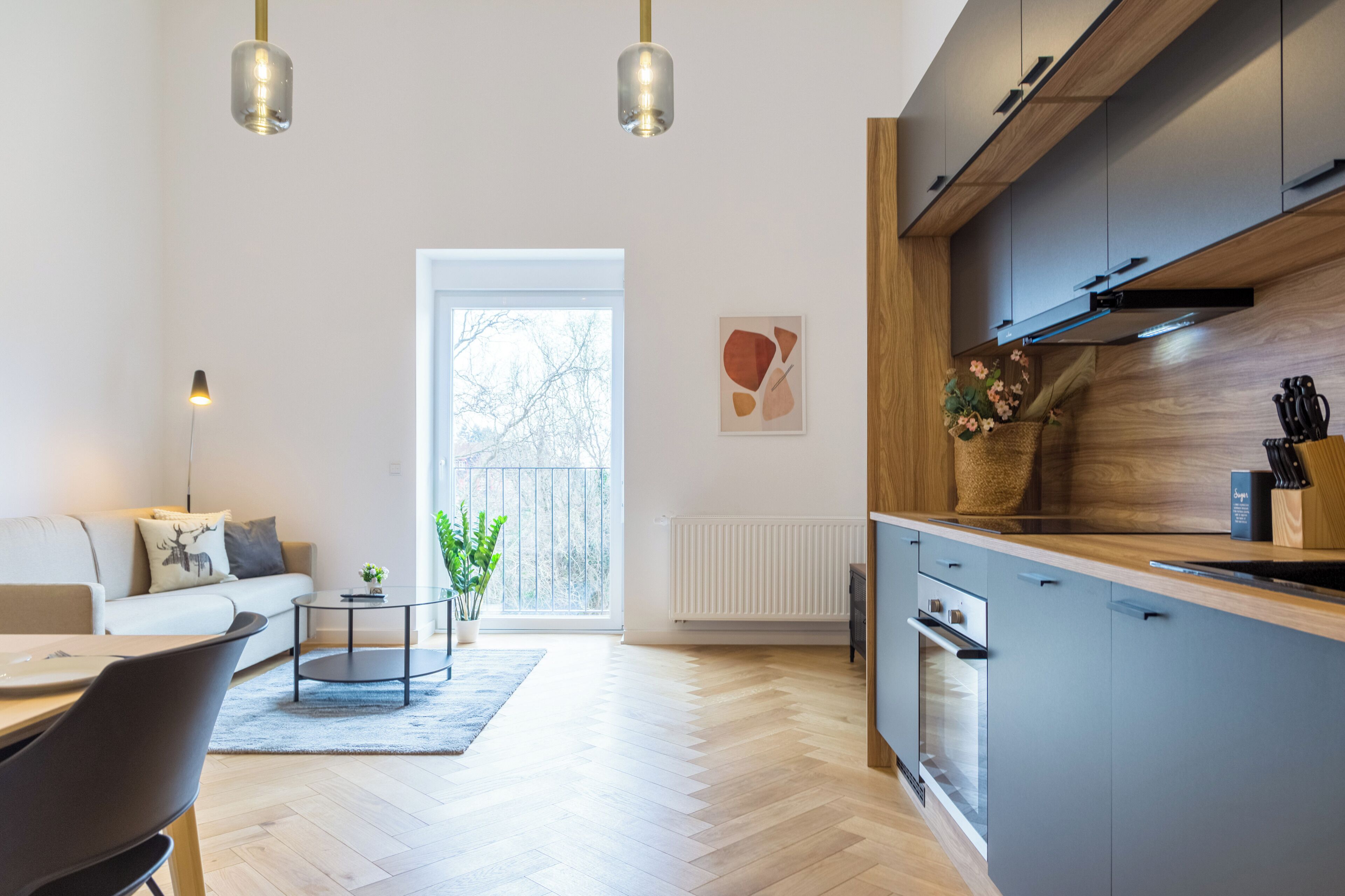 Full-size fridge, oven, stovetop, dishwasher