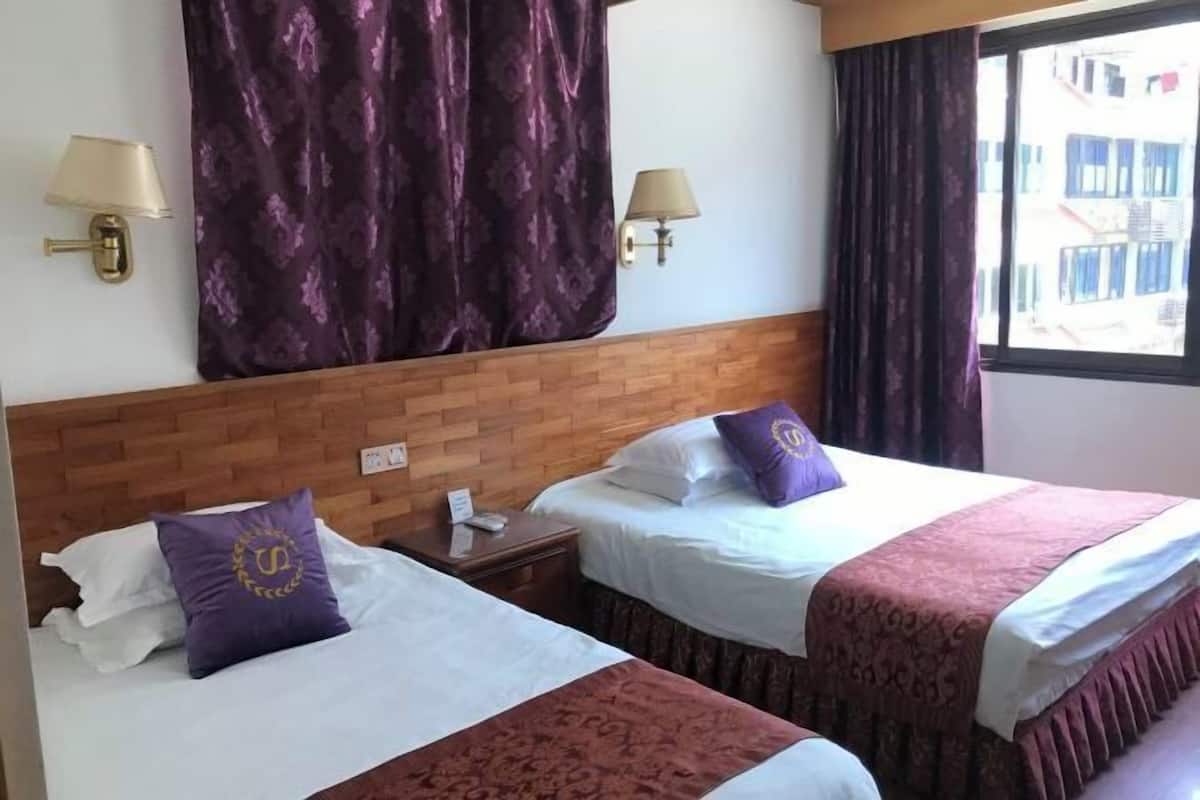 A hotel room with two beds, each with a purple pillow and a brown bedspread. There are two wall-mounted lamps on either side of the beds.